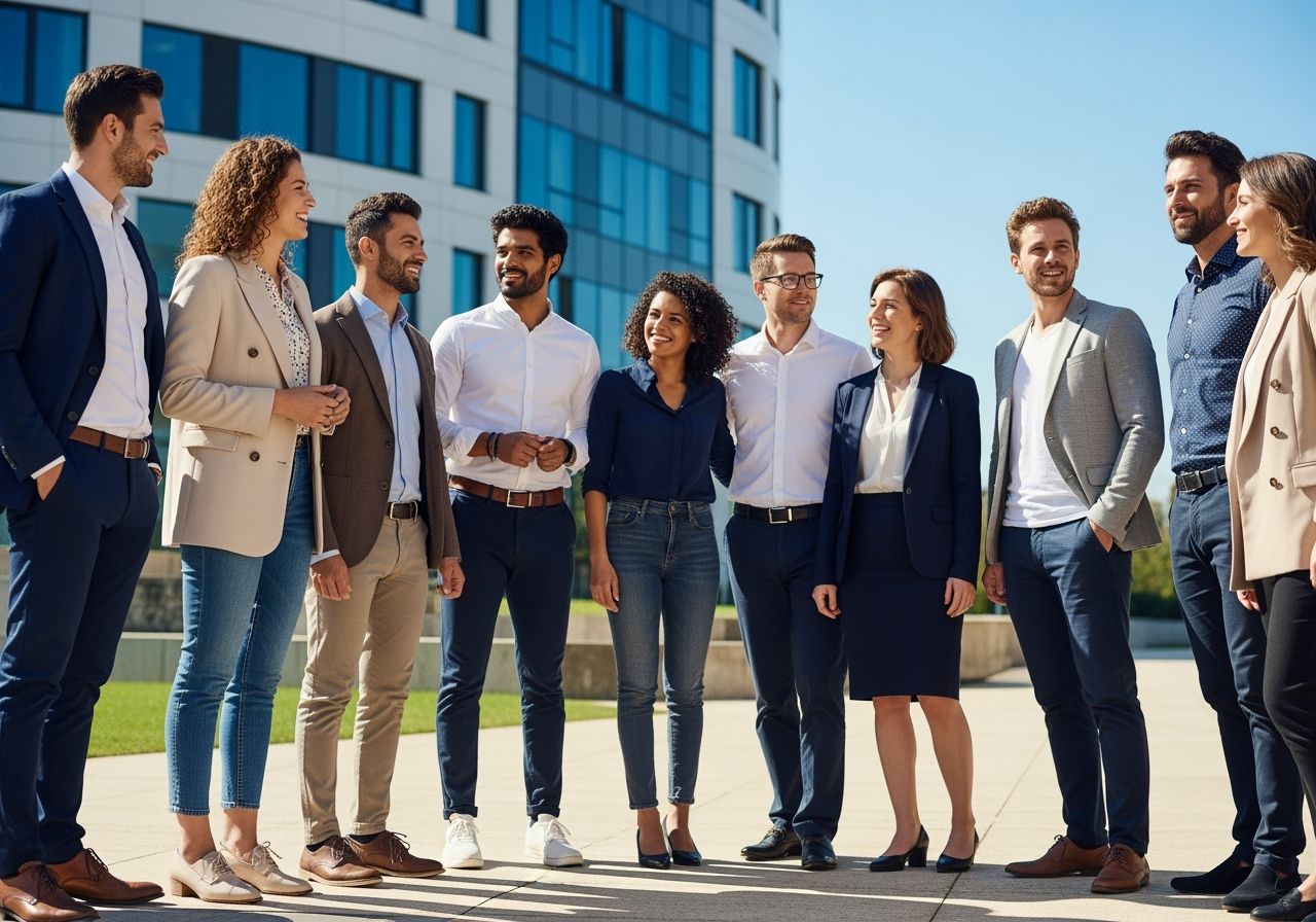 Skupina ľudí v smart casual oblečení pri modernom kancelárskom budove počas denného tímového stretnutia
