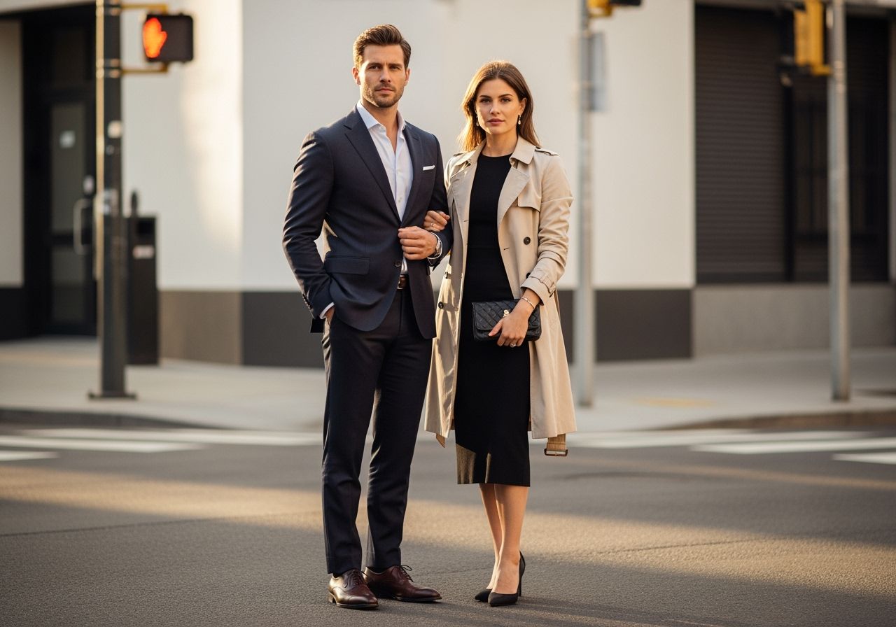 Muž v tmavomodrom obleku a žena v béžovom kabáte stoja na ulici za zlatou hodinkou.