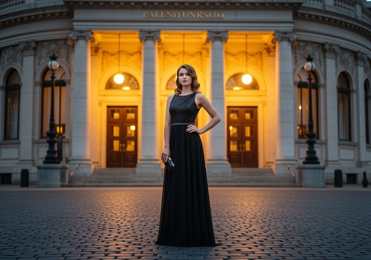 Mladá žena v čiernych šatách stojí pred koncertnou halou s klasickou architektúrou za súmraku.