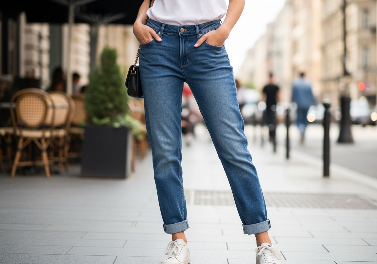 Žena v boyfriend džínsach, bielom tričku a teniskách na mestskej ulici, uvoľnený a módny štýl.