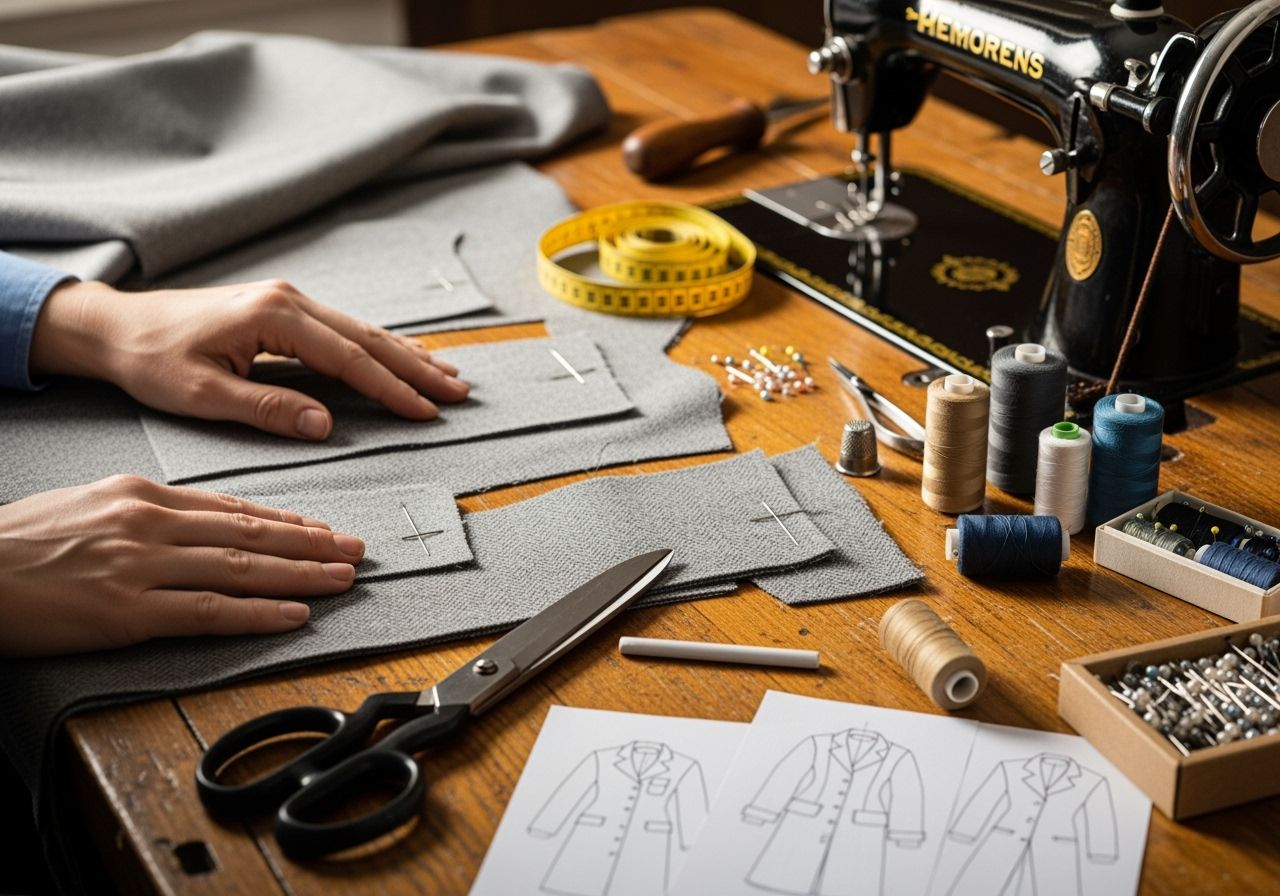 Krajčír pracuje na dámskom vzore kabáta s látkou pripnutou na drevený stôl obklopený šijacími pomôckami