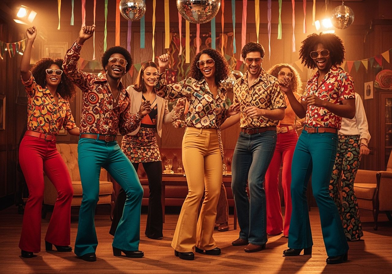 Mladí ľudia tancujú na 70. roky párty s retro oblečením, disko loptami a farebnými stuhami v interiéri.