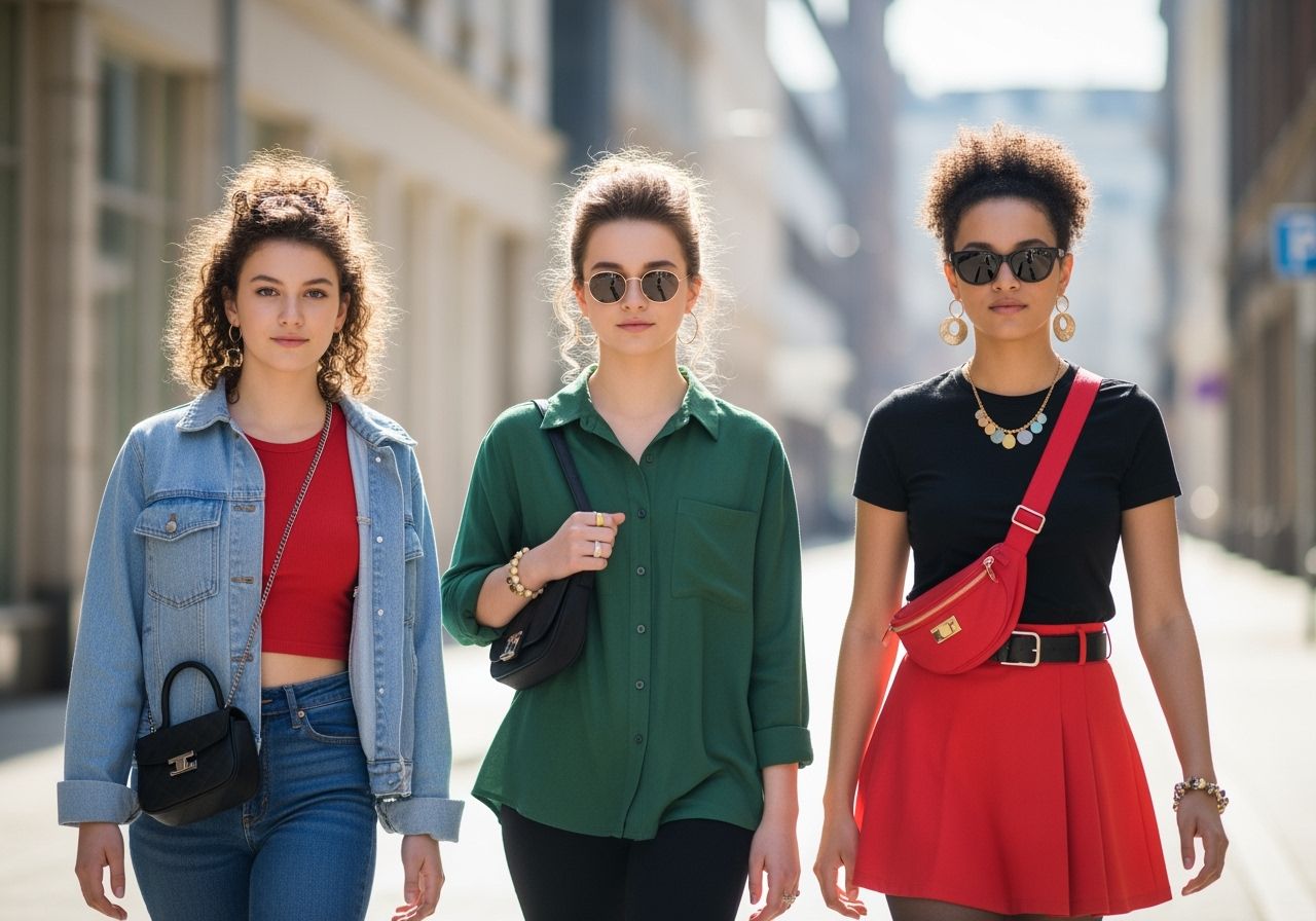 tri módne tínedžerky kráčajúce po mestských uliciach so sebadôverou v modernom oblečení