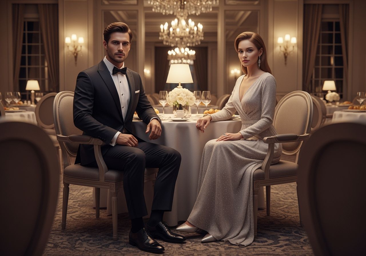 Elegantný pár na formálnej večeri v hoteli, muž v smokingu, žena v večerných šatách pri stolovaní.