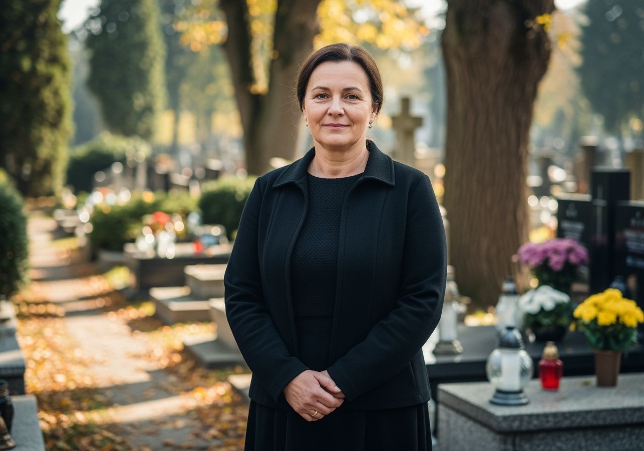 Stredoveká žena stojaca na cintoríne pri hroboch s jesennými listami a sviečkami počas dňa