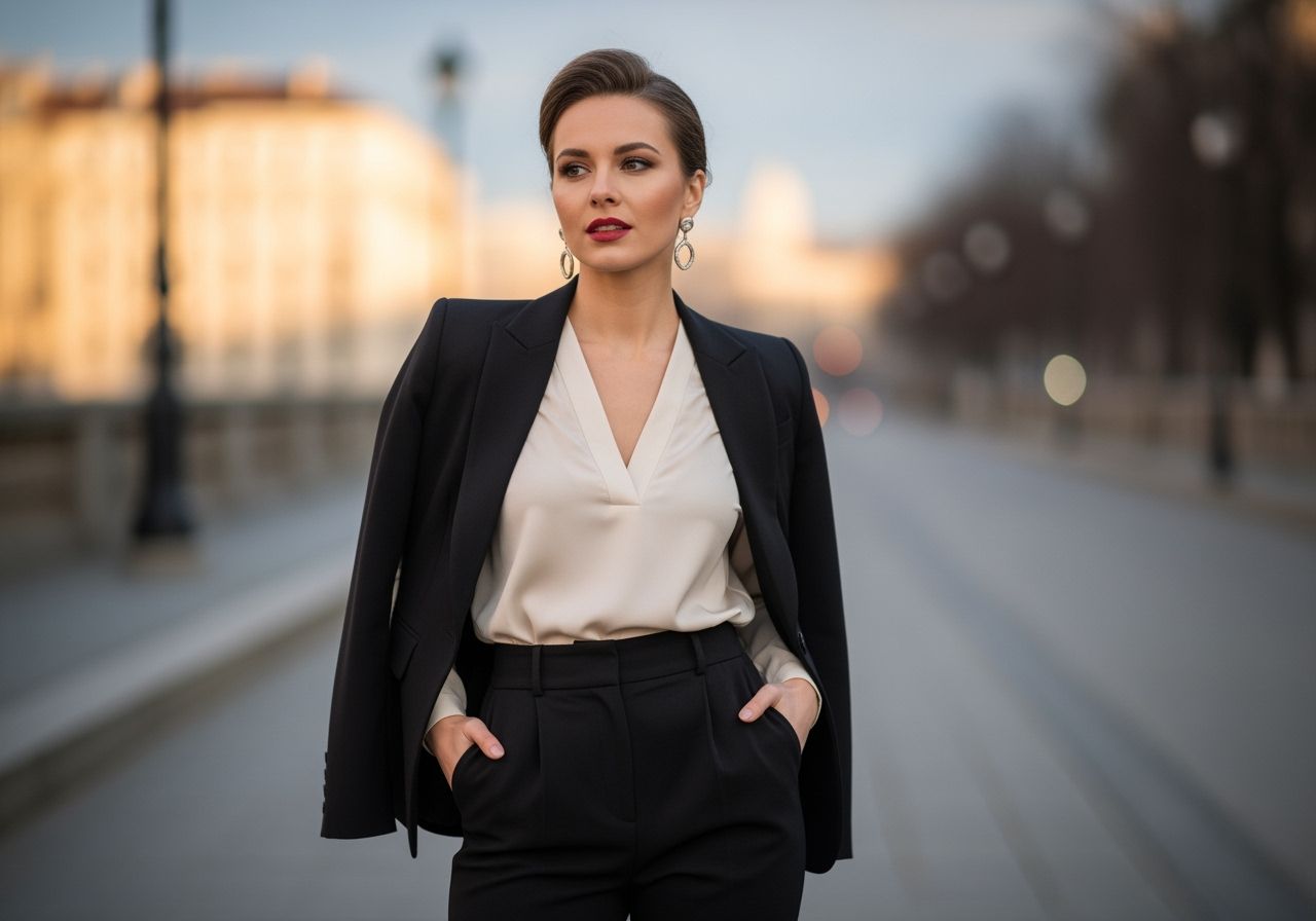 Sebavedomá žena v elegantnom mestskom prostredí v modernom oblečení počas zlatej hodiny.