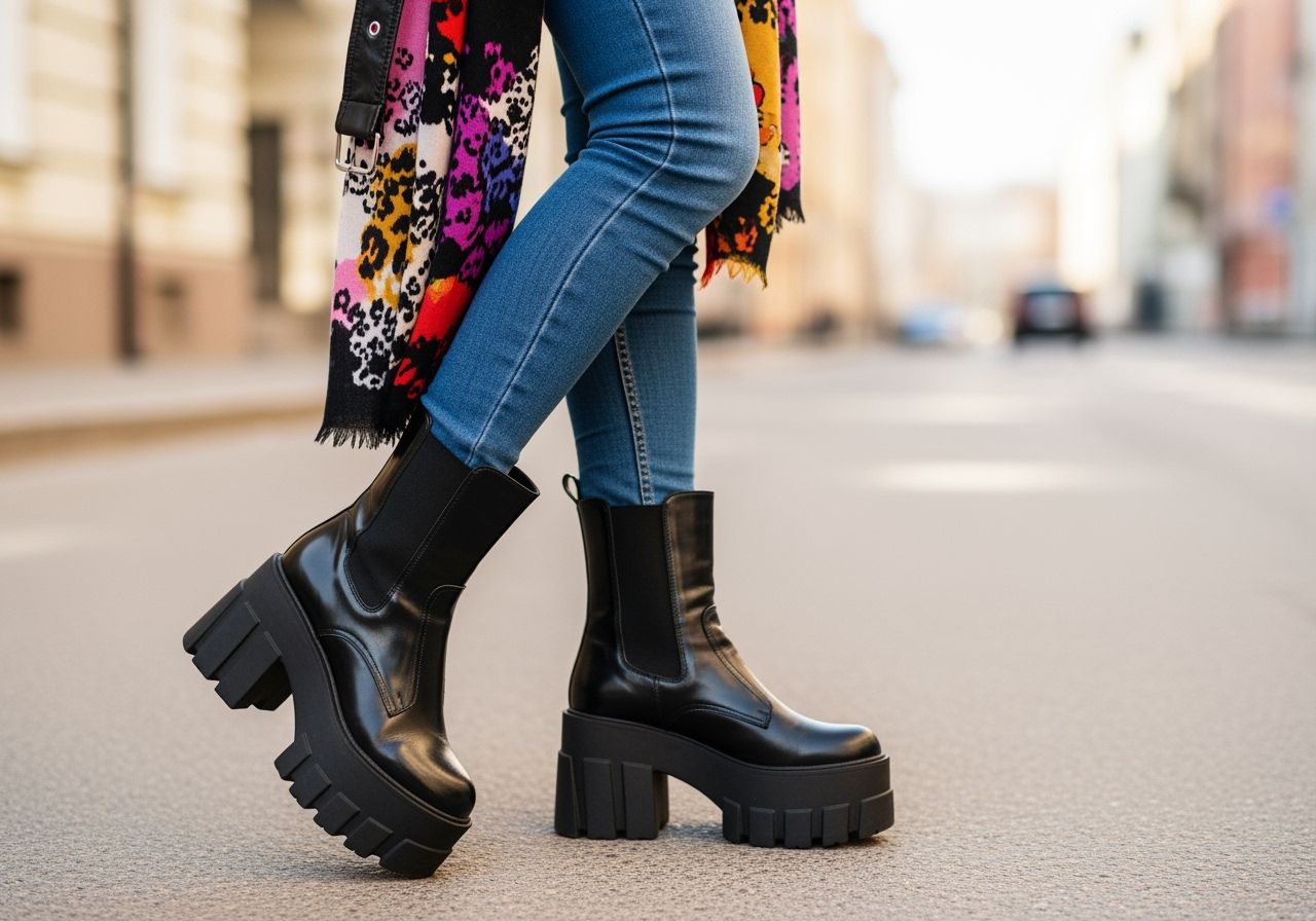 Módne platformové čižmy z čiernej kože na nohách ženy v úzkom džínse a koženej bunde v meste.