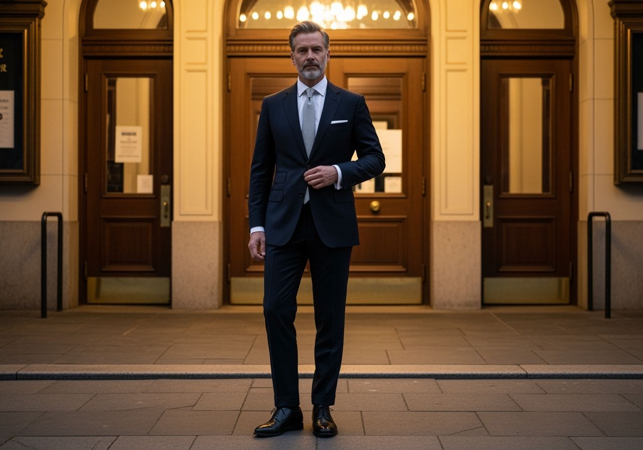 Elegantný muž v obleku stojaci pred historickým divadlom v teplom večernom svetle.