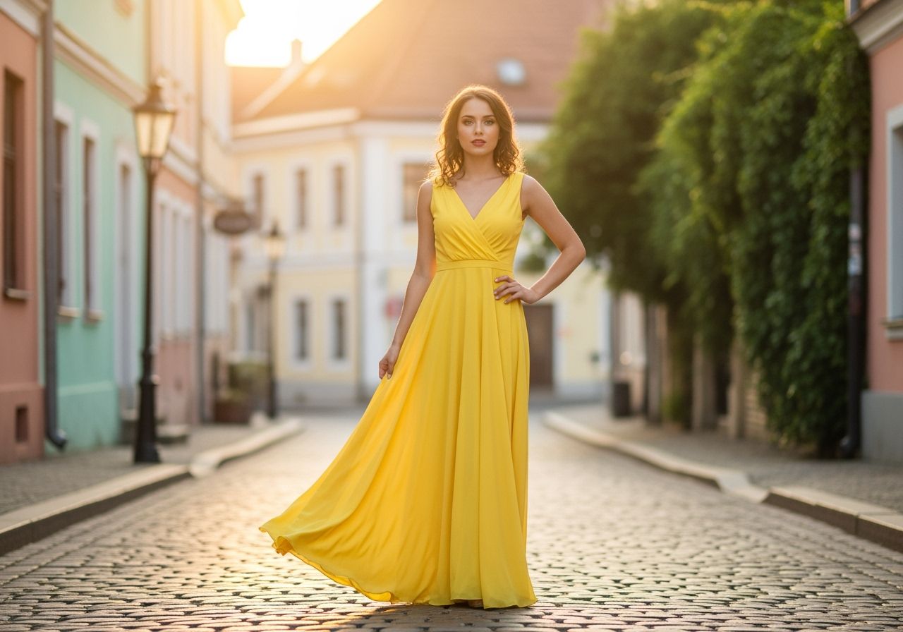 Mladá žena v žltých šatách stojaca na slnečnej dlažobnej ulici v európskom meste