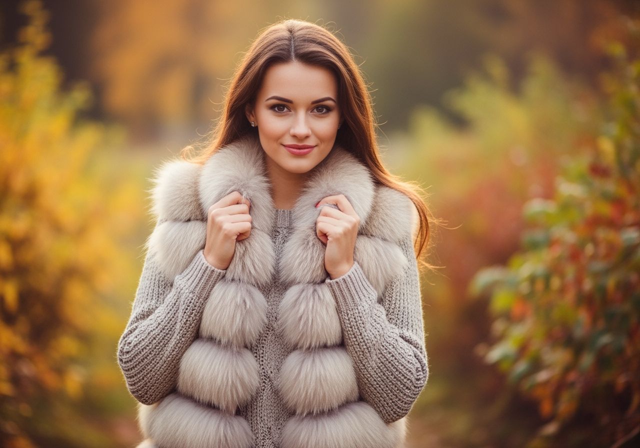 módna žena v béžovej kožušinovej veste a pletenom svetri na jeseň medzi farebnými listami