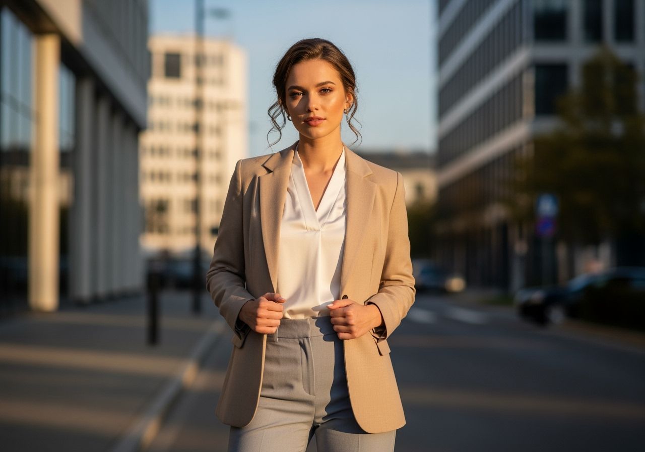 Mladá žena v béžovom saku a bielej blúzke stojaca na ulici s modernou architektúrou v pozadí.