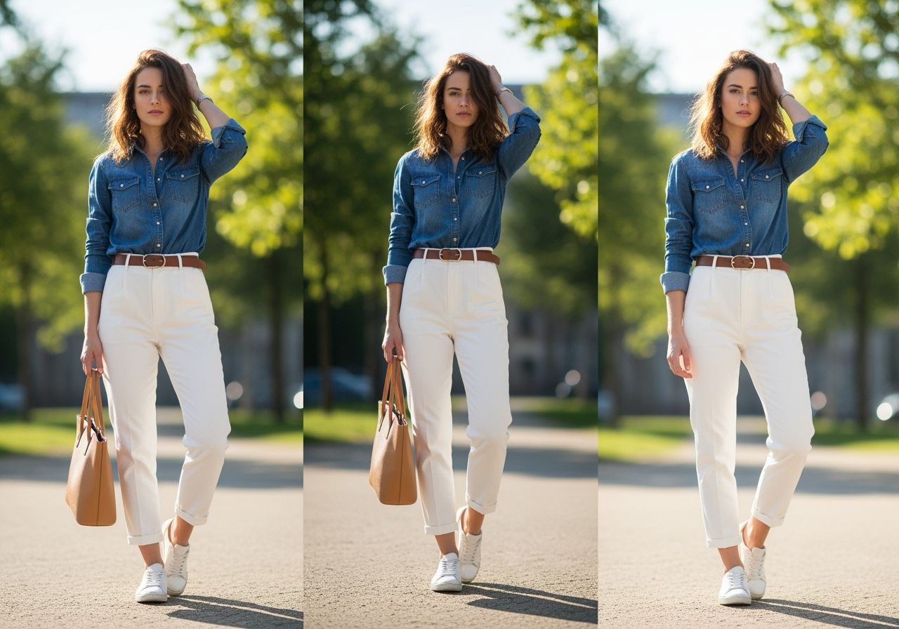 Mladá žena v rifľovej košeli a bielych nohaviciach so svetlým taškom v parku za denného svetla