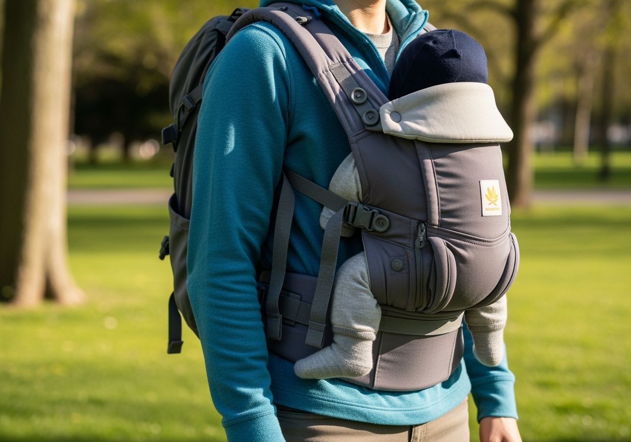 Osoba v smart casual oblečení s moderným ergonomickým nosičom detí v parku na slnečný deň