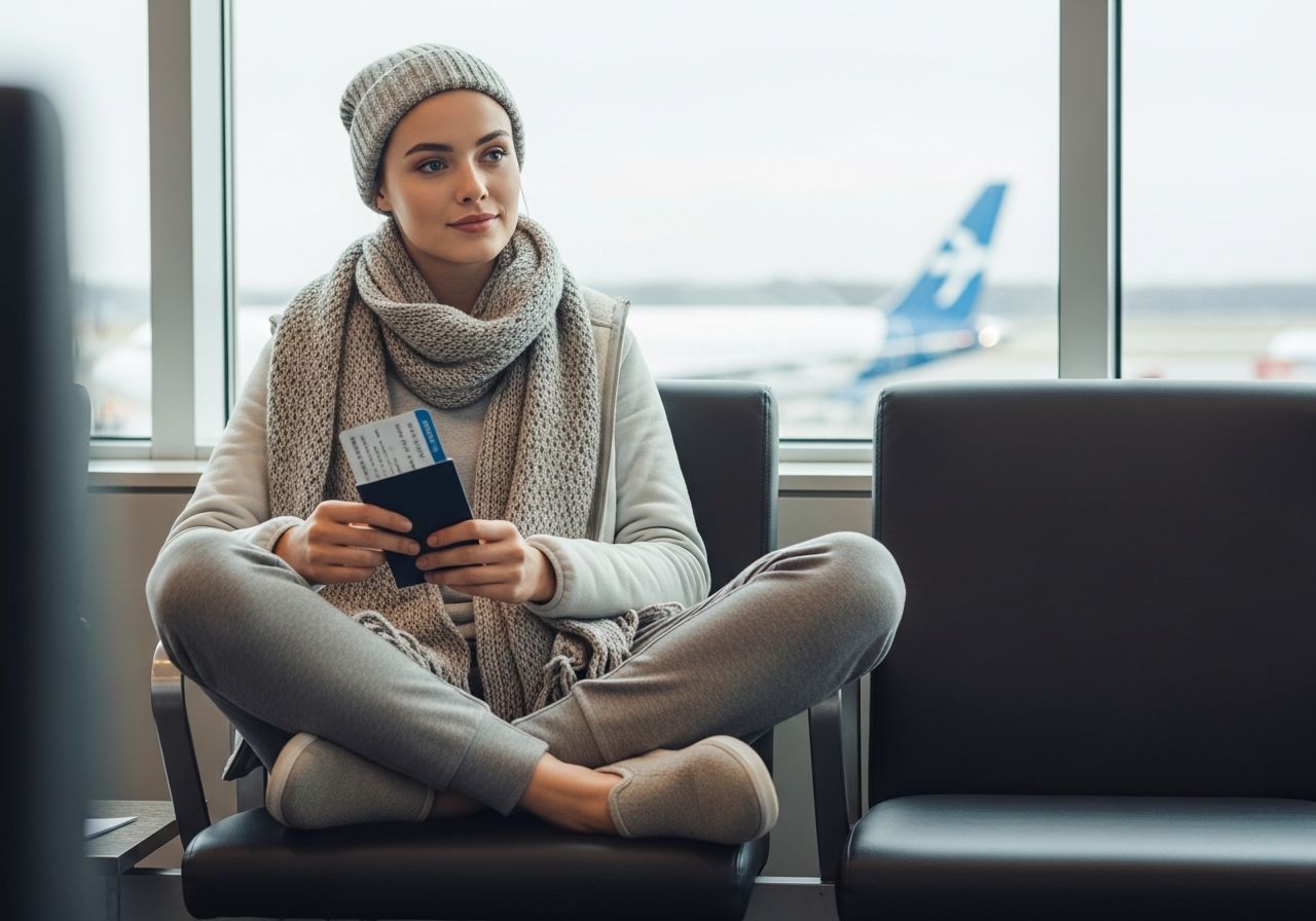 Mladá žena sediaca v letiskovej hale s pasom a palubným lístkom pripravená na let.