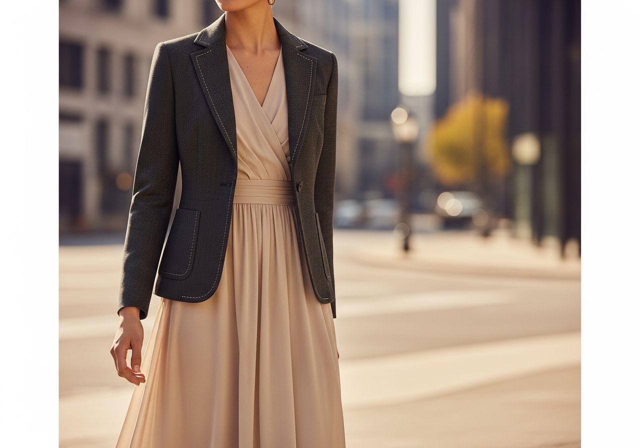 žena v sakó a šatech stojaca v mestskom prostredí s rozostreným pozadím mesta