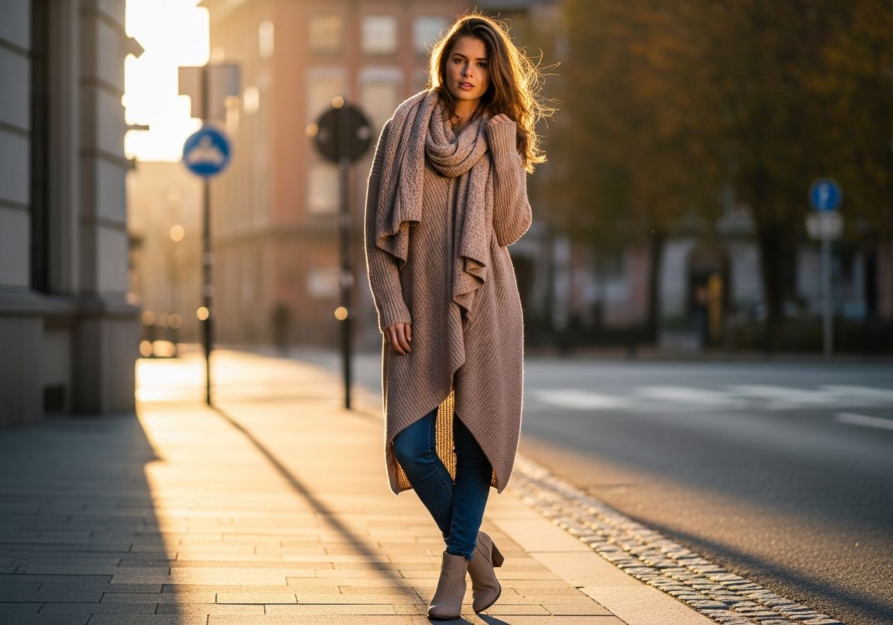 Mladá žena v pletenom svetri, džínsach a šále stojaca na jesennej mestkej ulici počas zlatého hodiny.