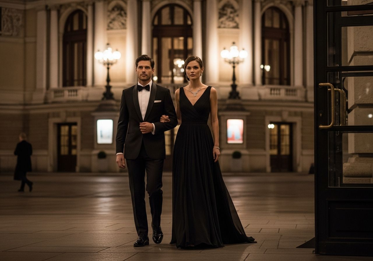 Elegantný pár prichádza večer do opery v spoločenskom oblečení pred osvetlenou budovou