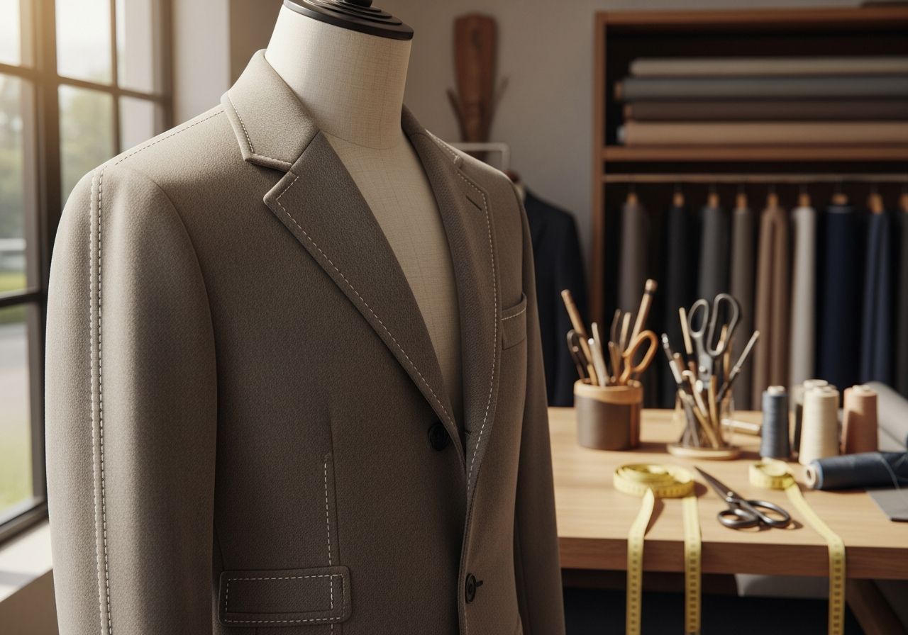 Detailný záber na dobre strihaný kabát na mannequinom v modernom ateliéri s krajčírske nástroje.