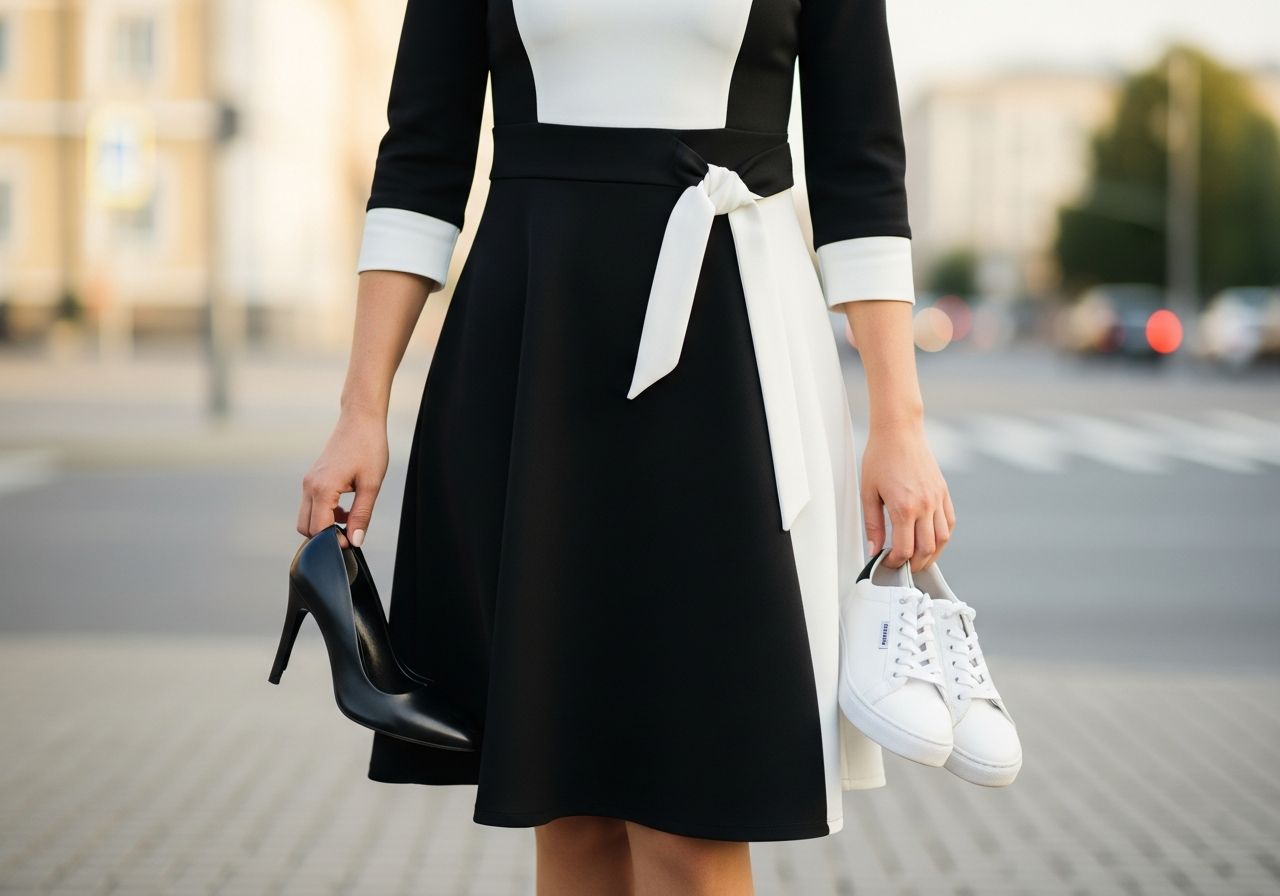 Žena v čiernom a bielom šate drží čierny lodičky a bielu tenisku na rozmazanej mestkej ulici.