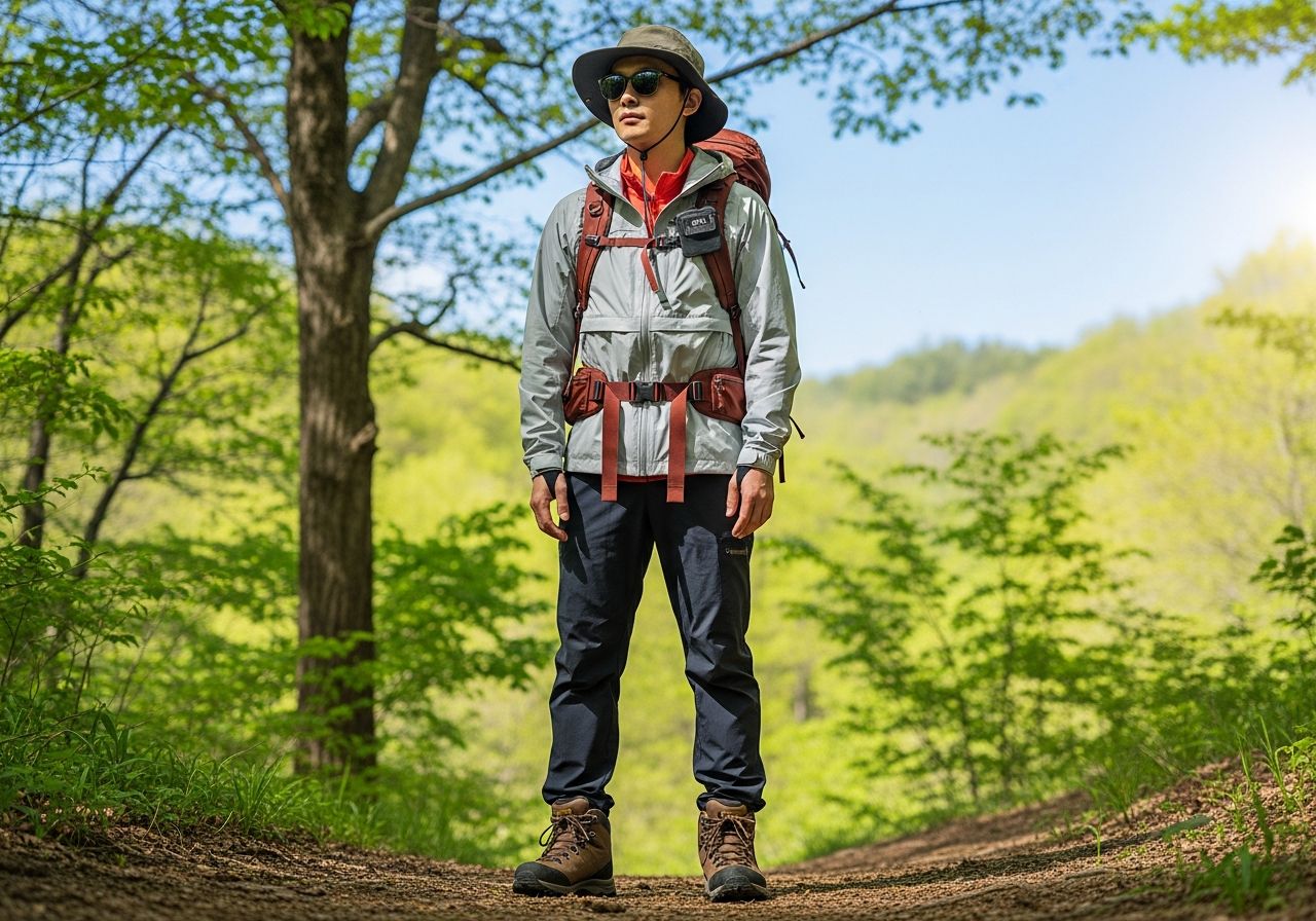 Osoba stojaca na lesnej chodníku v turistickom oblečení, s batohom, klobúkom a slnečnými okuliarmi.