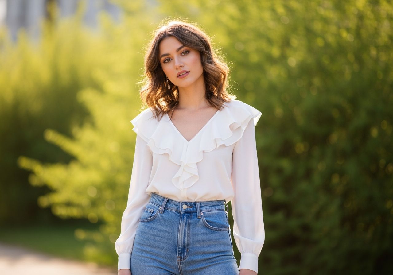 Žena v bielej blúzke a svetlomodrých nohaviciach stojaca vonku na jar s rozmazaným zeleným pozadím