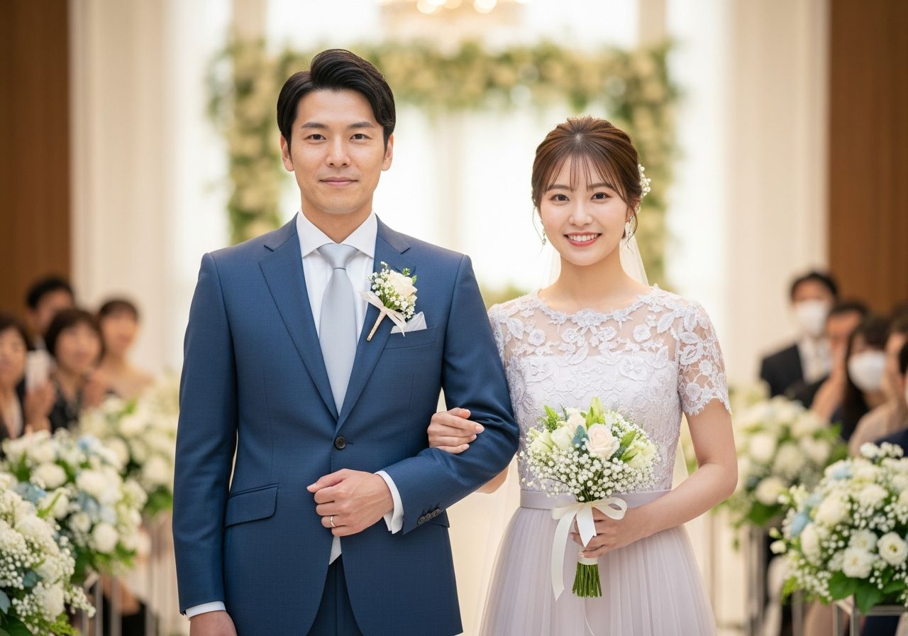 Muž v tmavomodrom obleku a žena v pastelových šatách stoja vedľa seba na svadbe.