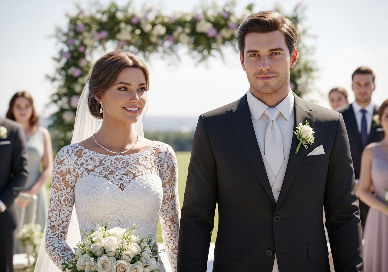 Nevestu v čipkových šatách a ženícha v tmavom obleku na vonkajšej svadbe pod kvetinovou arkádou.