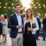 Mladý muž a žena v smart casual oblečení na vonkajšej elegantnej udalosti, držia nápoje a usmievajú sa.