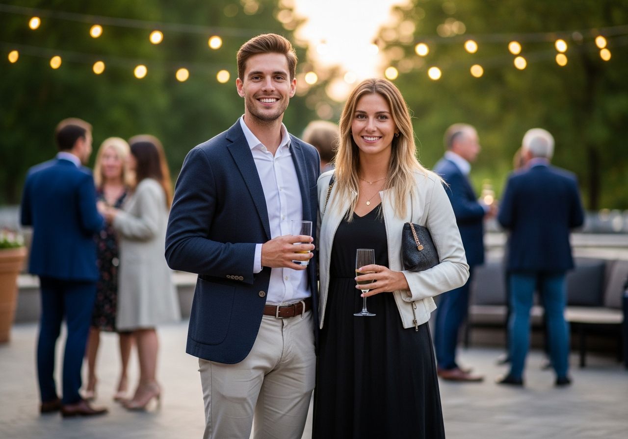 Mladý muž a žena v smart casual oblečení na vonkajšej elegantnej udalosti, držia nápoje a usmievajú sa.