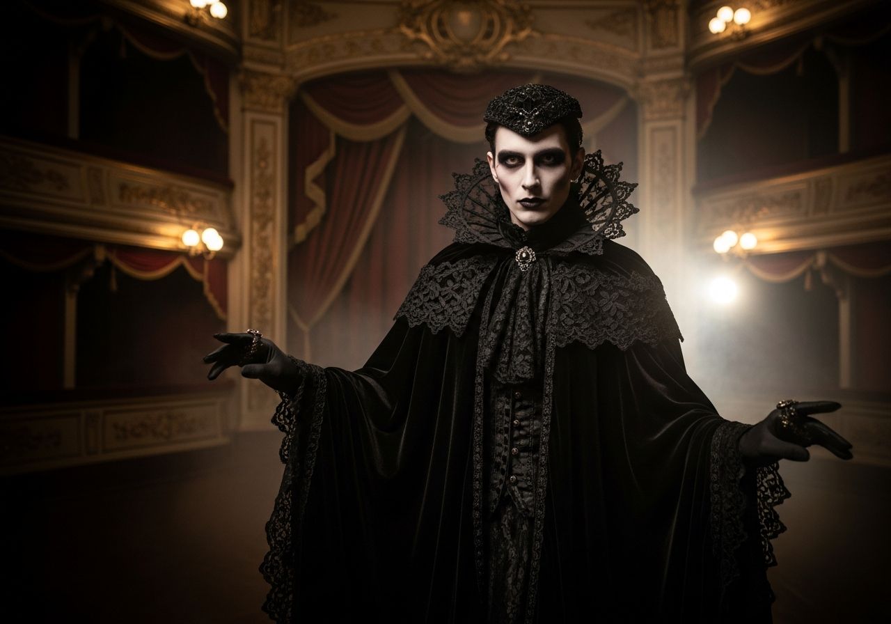 tajomná postava v gotickom odeve v tmavom divadelnom prostredí s ťažkými závesmi a slabým osvetlením