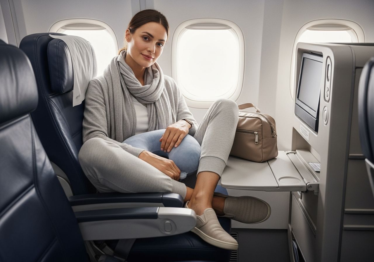 žena sediaca v lietadle v pohodlnom oblečení drží cestovný vankúš a malú batožinu