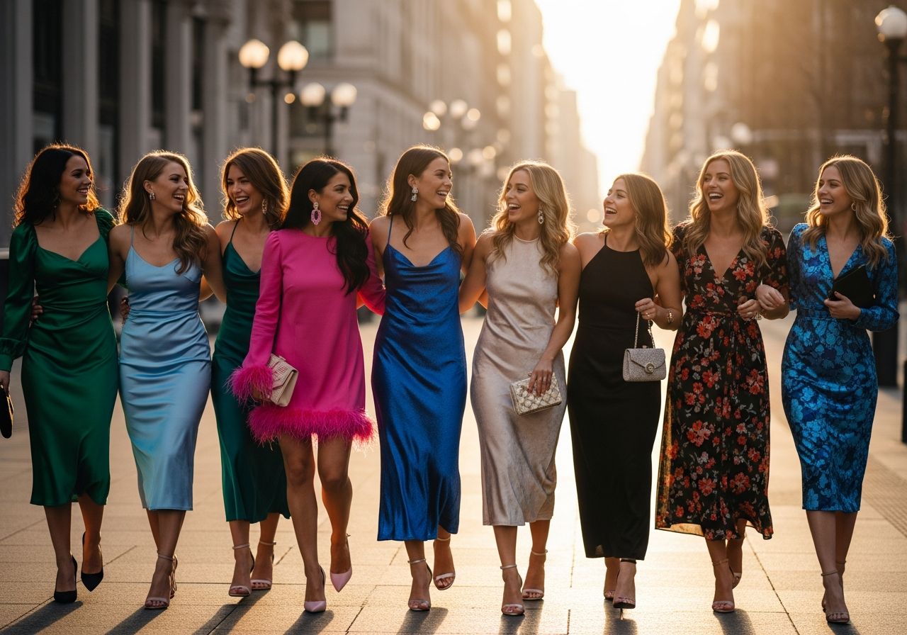 skupina mladých žien na rozlúčke so slobodou v mestskom prostredí počas zlatej hodiny