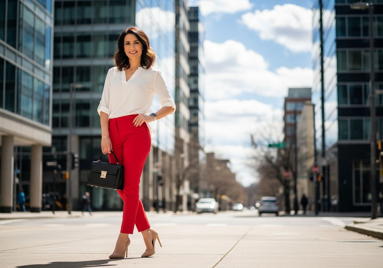 Sebavedomá žena v červených nohaviciach a bielom topánke stojí na mestskom chodníku.