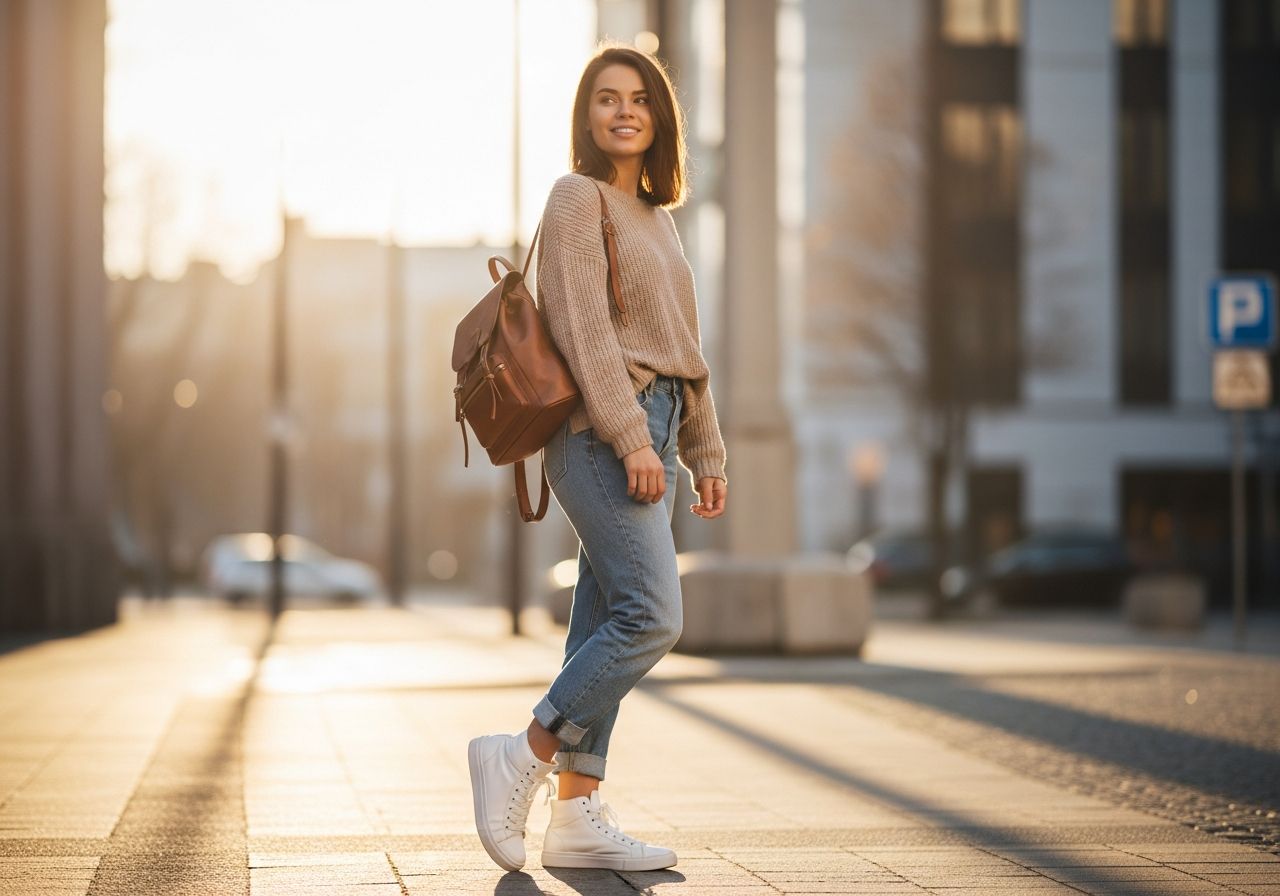 Módna mladá žena na ulici v béžovom svetri, modrých rifliach a bielych teniskách počas zlatého svetla