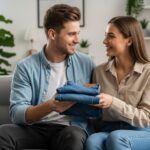 Mladý muž podáva ženke zložené modré rifle, sedia spolu na pohovke v svetlej obyvačke.