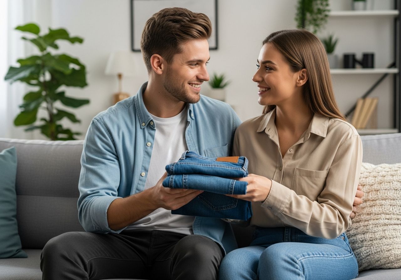 Mladý muž podáva ženke zložené modré rifle, sedia spolu na pohovke v svetlej obyvačke.