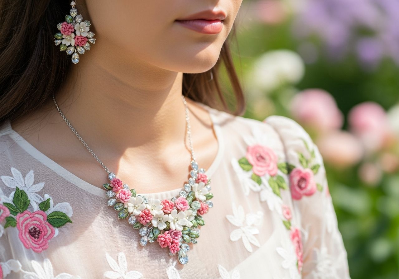 Žena v kvietkovaných šatách s náhrdelníkom a náušnicami v záhradnom prostredí.