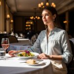 Žena sediaca pri elegantnom stole v reštaurácii počas obeda v dennom svetle