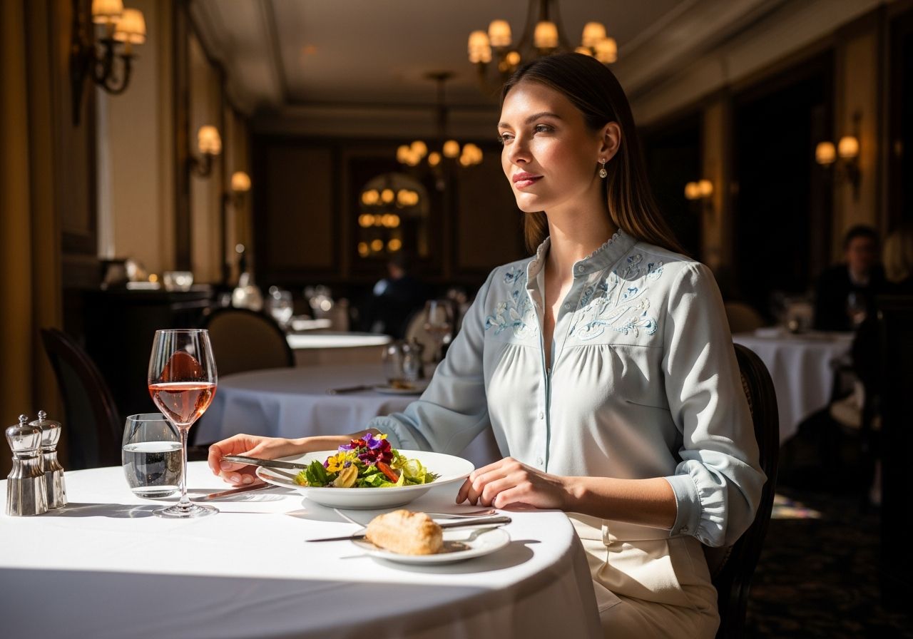 Žena sediaca pri elegantnom stole v reštaurácii počas obeda v dennom svetle