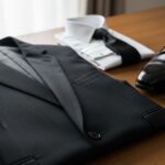 Tradičný čierny pohrebný oblek so zelenou kravatou a bielou košeľou na drevenom stole.