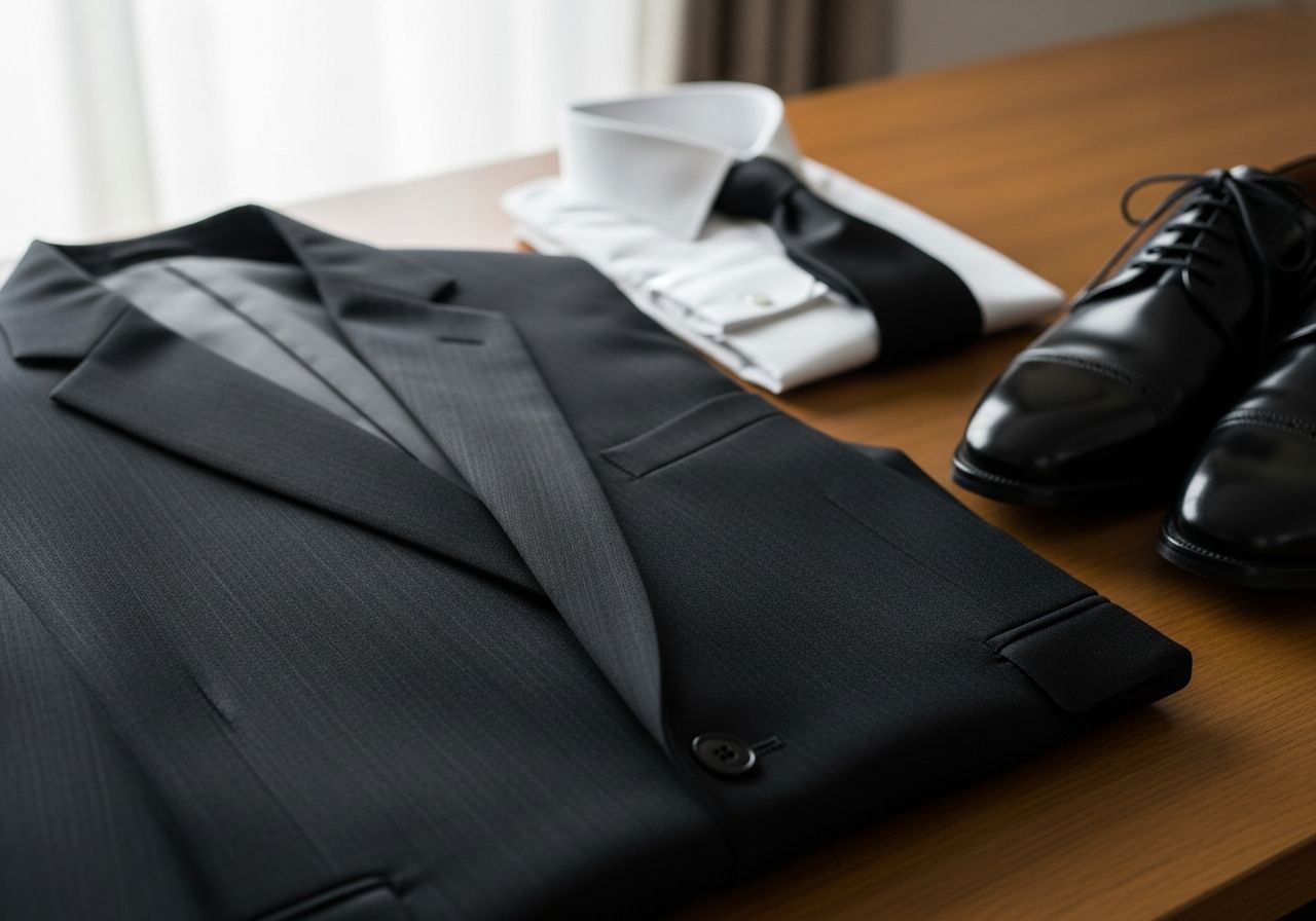 Tradičný čierny pohrebný oblek so zelenou kravatou a bielou košeľou na drevenom stole.