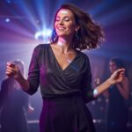 Štýlová žena v tridsiatke tancuje v modernom diskotékovom klube v pohodlnom a praktickom outfite.