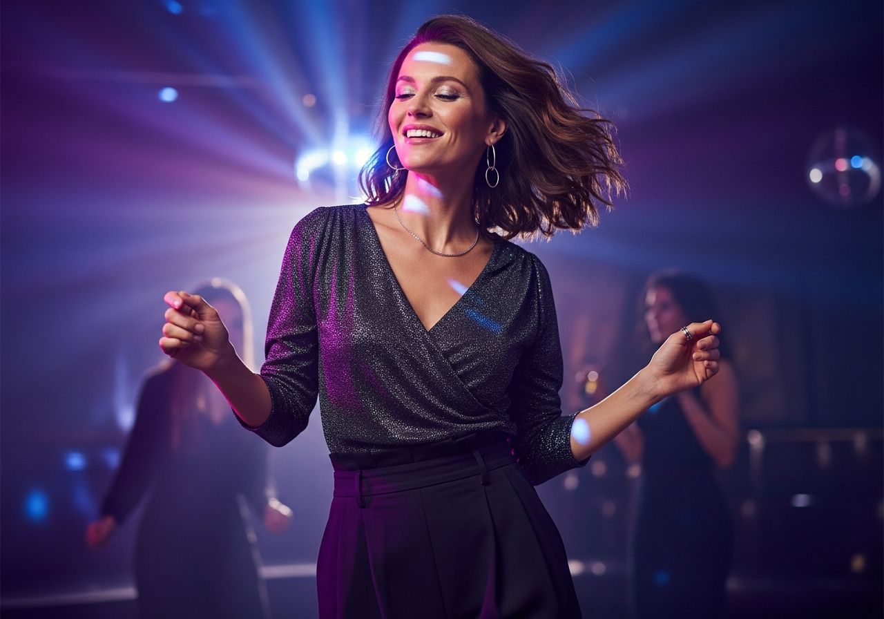 Štýlová žena v tridsiatke tancuje v modernom diskotékovom klube v pohodlnom a praktickom outfite.