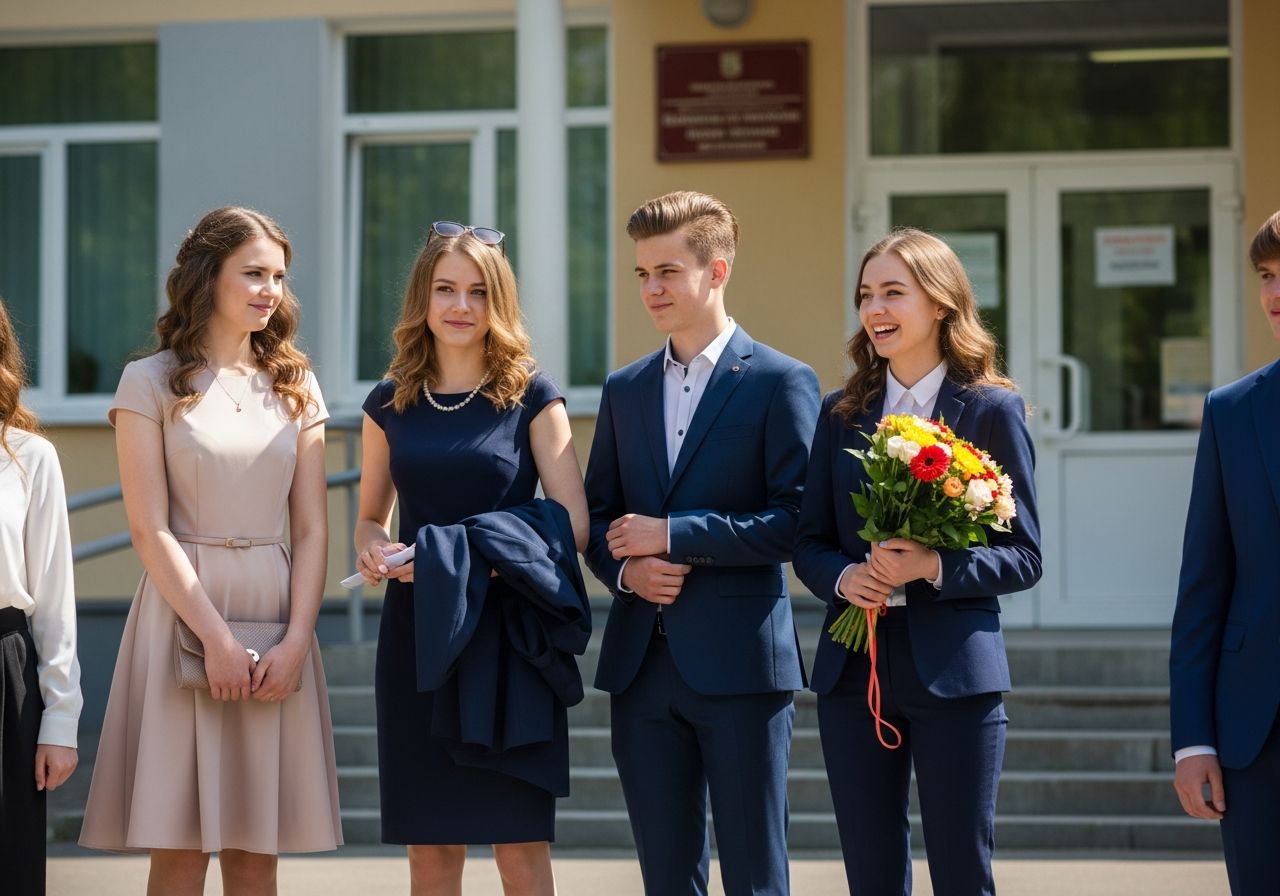 Skupina tínedžerov v elegantnom oblečení pred školou na slnečný deň s kvetmi a úsmevom.