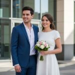 Mladý pár v slávnostnom oblečení pred modernou matrikou s kyticou v ruke.