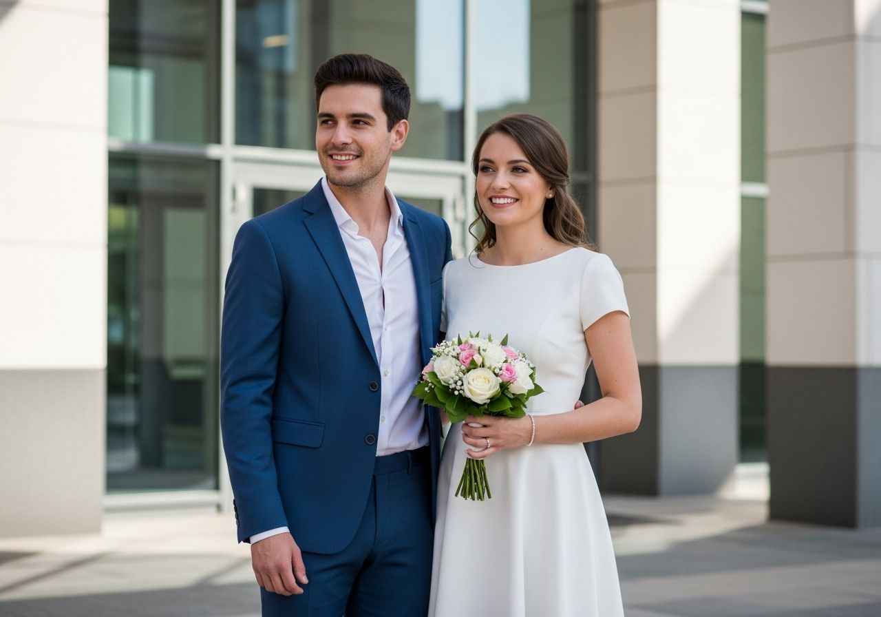 Mladý pár v slávnostnom oblečení pred modernou matrikou s kyticou v ruke.