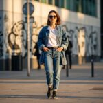 Mladá žena v boyfriend džínoch a bielom tričku kráča po ulici v meste za zlatou hodinkou