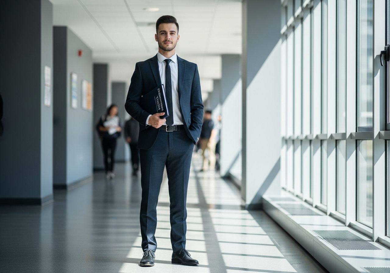 Mladý muž v obleku drží technickú prácu v modernom univerzitnom priestore so svetlom a tieňmi.