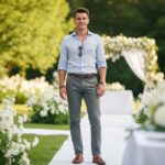 Mladý muž na vonkajšej svadbe v ľahkej ľanovej košeli a chino nohaviciach, s voľným úsmevom.