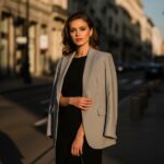 Mladá žena v čiernych šatách s sivým sakom stojí na ulici počas zlatého svetla.